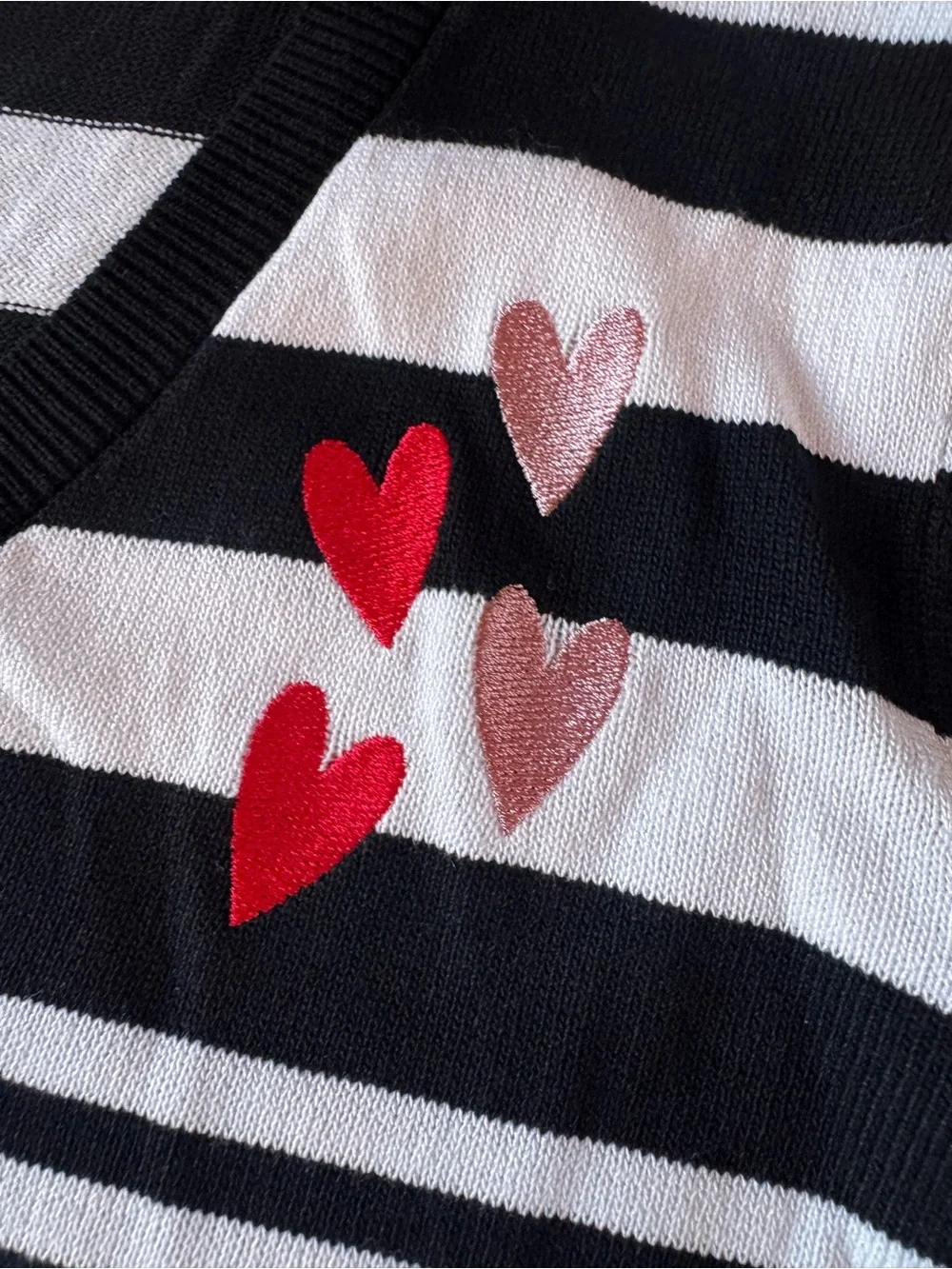 Cupio Black & White Striped V-Neck Sweater with Red & Pink Heart Details